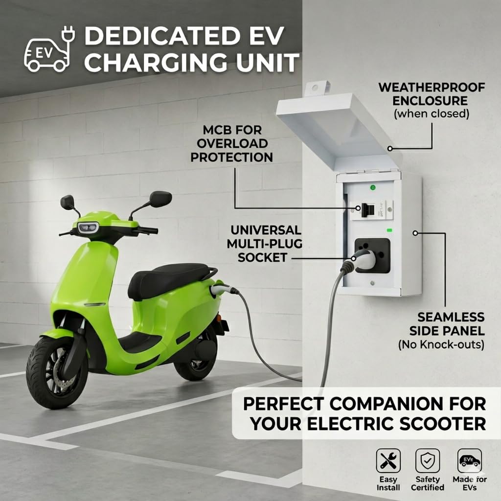 EV Charging Box with 16 MCB & 16A Socket | Wall Mount Metal Enclosure for Electric Scooter & EV Charging | Weather-Resistant, Lockable. (Small)