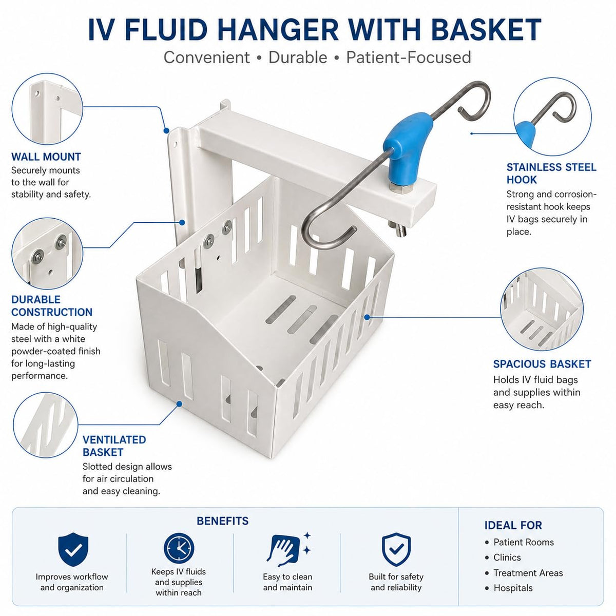 Saline Stand Wall Mount 2 Hook for Hospital, ICU, Clinics, Labs, Homes IV Saline Bags Saline Stand Wall Mount Saline Stand (Saline Stand 2 Hook with Basket Pack of 1)