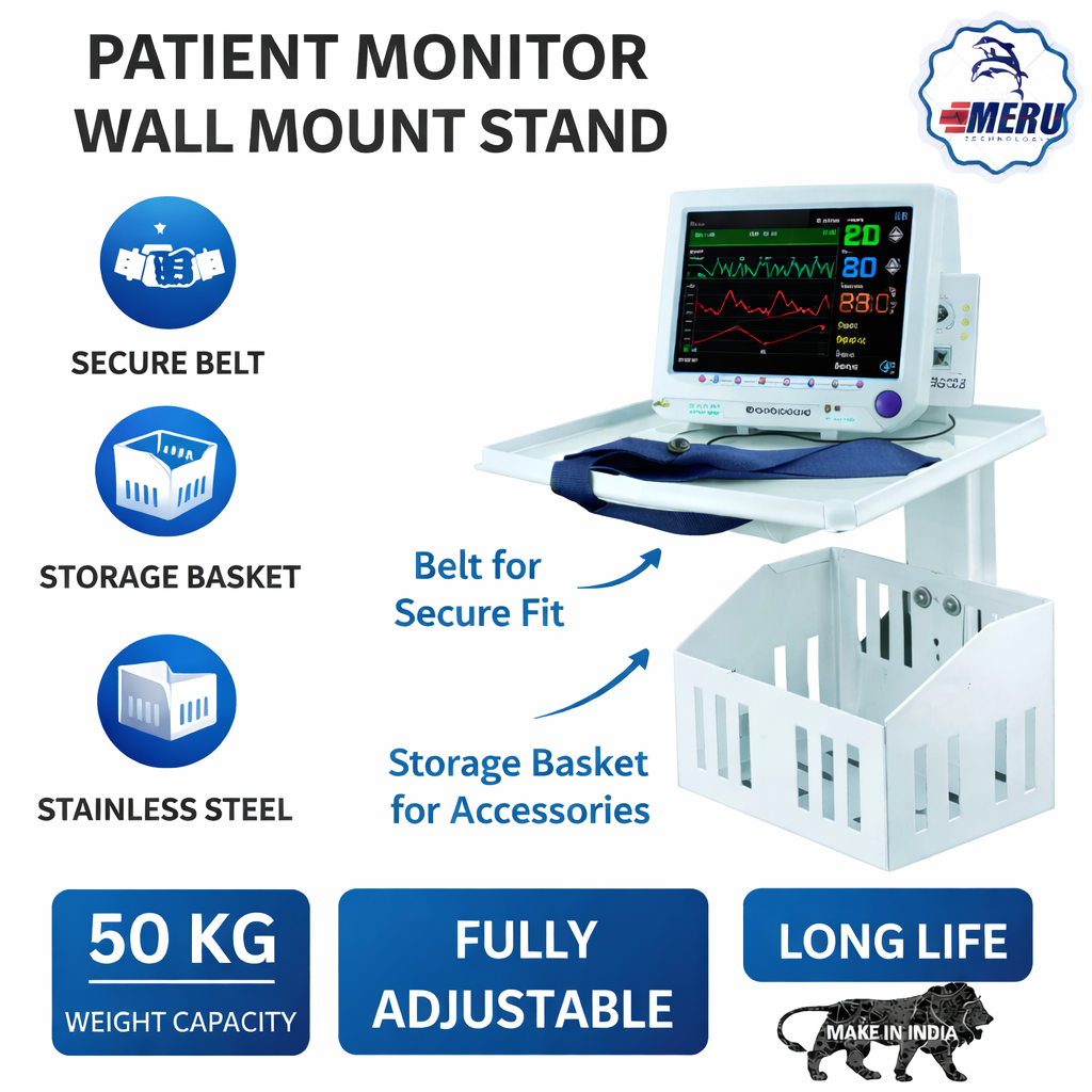 Patient Monitor Wall Mount Stand with Storage Basket & Becure Belt | Heavy Duty Stainless Steel | 50 Kg Capacity | Fully Adjustable Medical Monitor Holder. For Hospitals, ICU, OT, OPD.