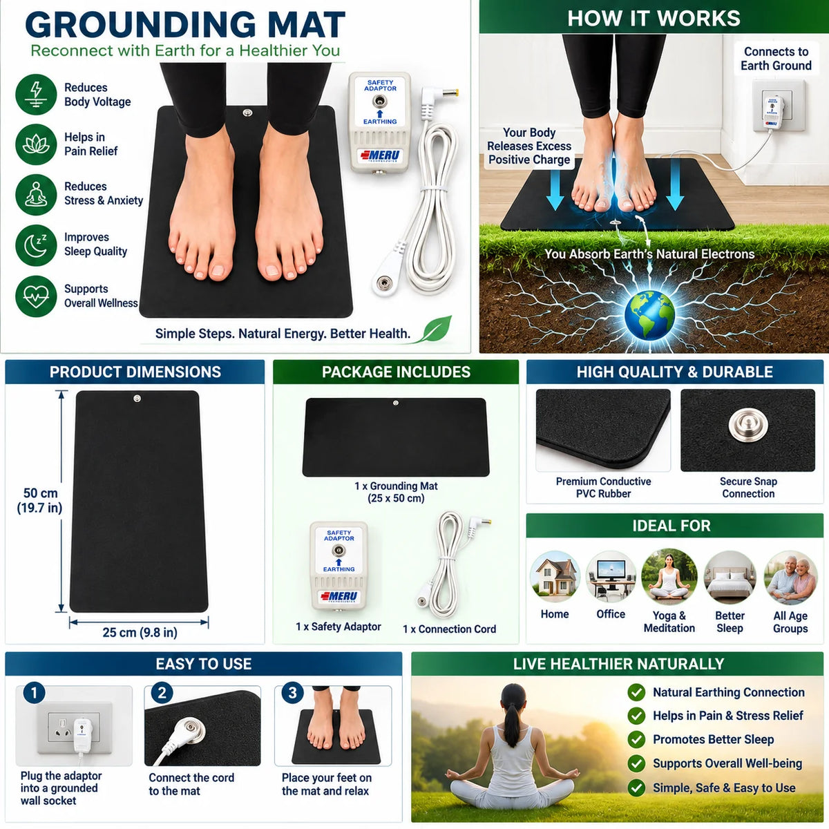 Grounding your Body to Earth for Feet with Safety Adapter, Earthing Cord & Conductive PVC Rubber Mat 25 x 50 cm Mat l Foot Earthing Mat for Home, Office and Relaxation. Reduces pain, stress or body voltage.