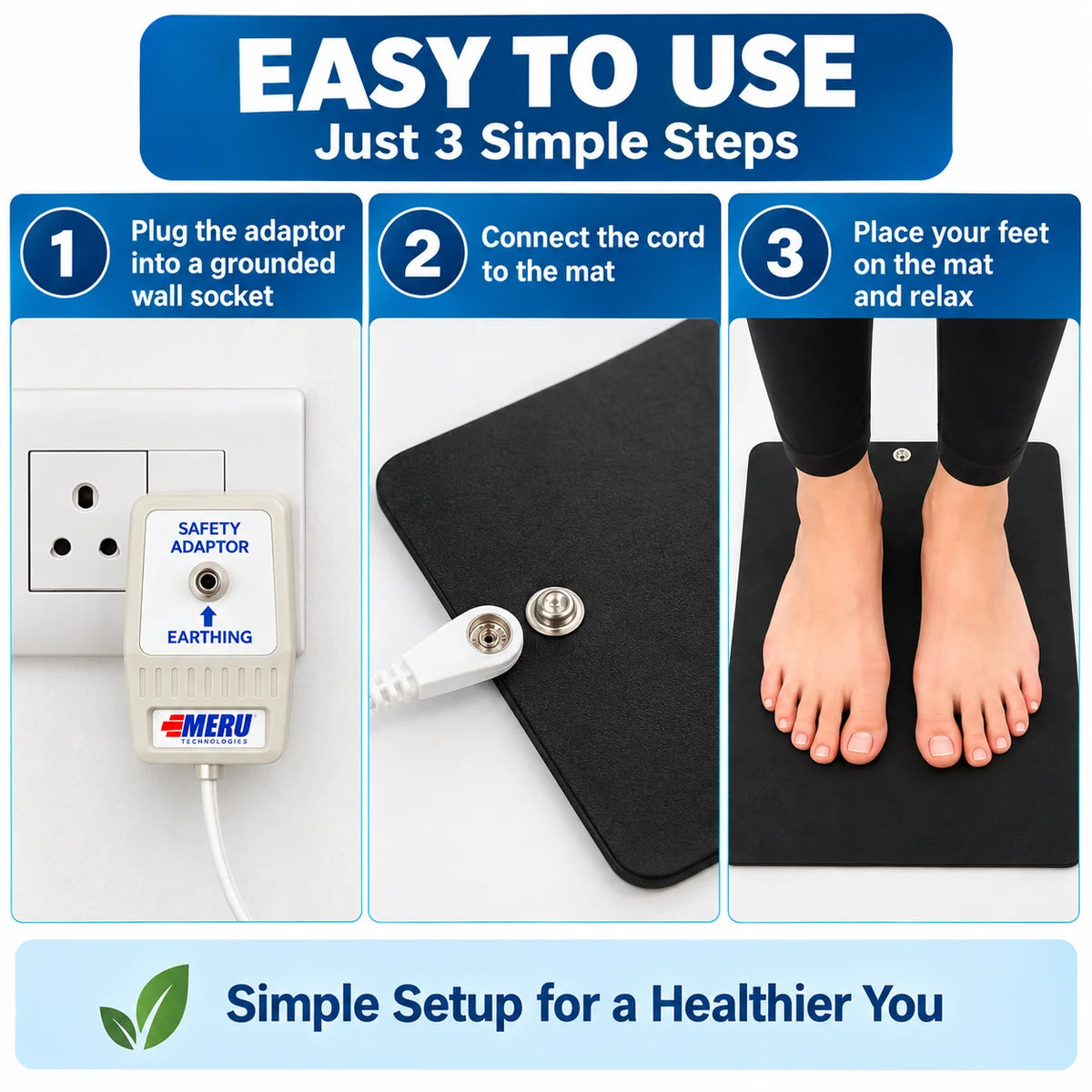 Grounding your Body to Earth for Feet with Safety Adapter, Earthing Cord & Conductive PVC Rubber Mat 25 x 50 cm Mat l Foot Earthing Mat for Home, Office and Relaxation. Reduces pain, stress or body voltage.